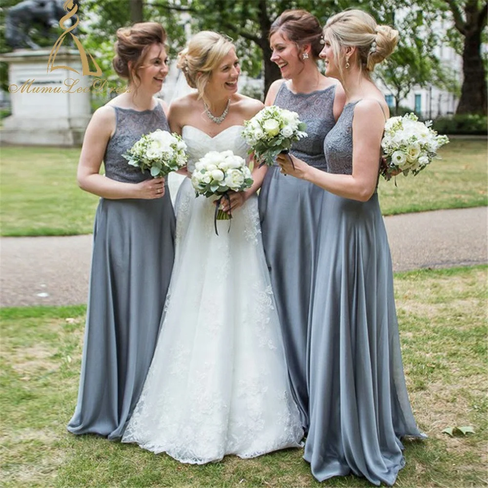 
Zipper Back Full Length Spaghetti Chiffon Grey Long Western Bridesmaid Dresses With Lace Top custom maid dress 