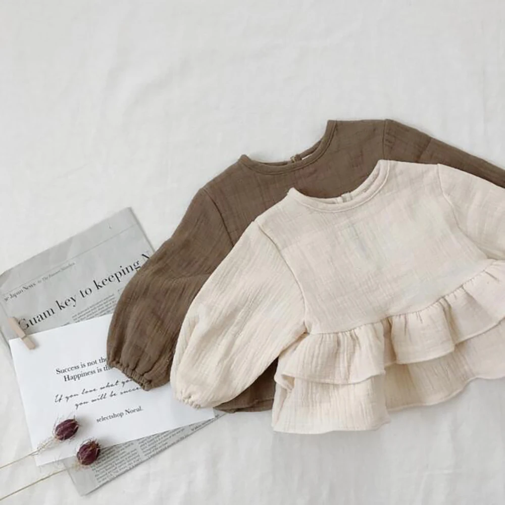
Hot Sale New Style Cotton Linen Top for Baby Girls Spring Summer Fashion Latest Design Girls Ruffle Top Blouse 