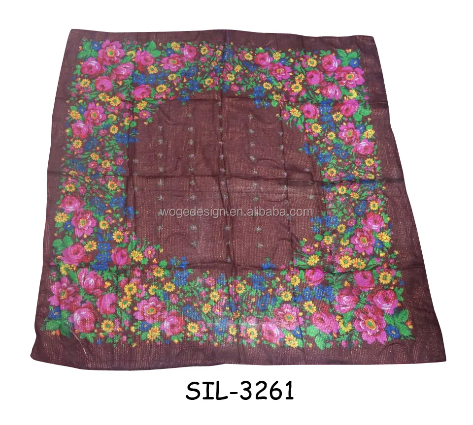 Manufacturers bulk sold scarves shawls neckwears floral print women acrylic square gold lurex shimmer russian scarfs
