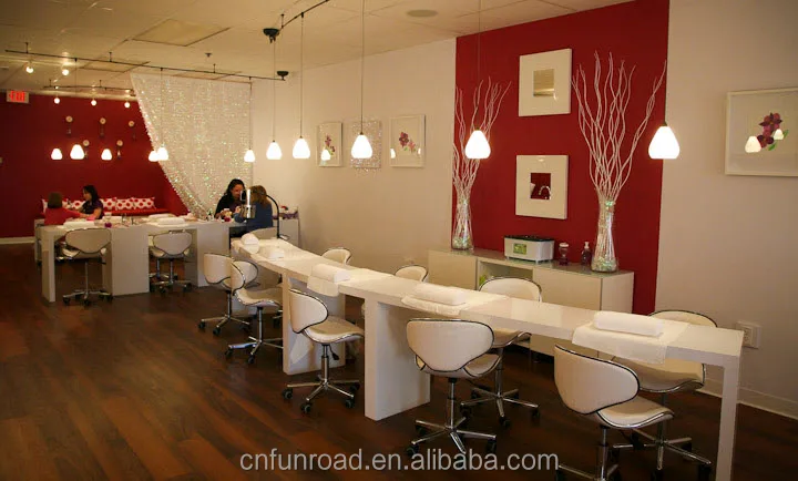 Bespoke long wooden nail salon manicure table with cabinets Chinese factory