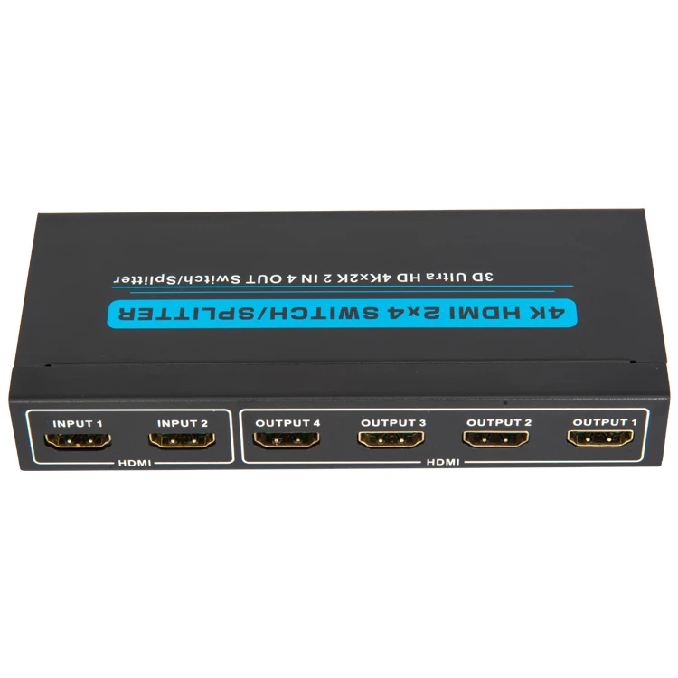 High quality 4K 60hz 2x4 Hdmi Switch Splitter Metal Case User Manual Power Supply and Carton Box 2 In 4 Out Hdmi Switch Splitter
