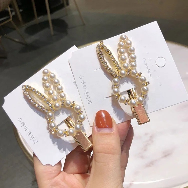Sweet cute women girls gold plated pearl rabbit barrettes hair clip