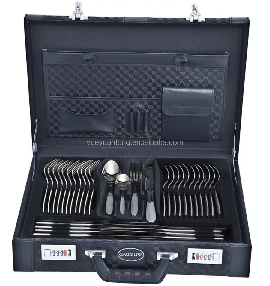 Classic leather cutlery case and classic stainless steel mirror and satin 72pcs cutlery set