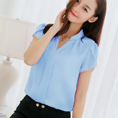 Summer Women Chiffon Blouse Short Sleeve Red Ladies Office Ladies Shirts Plus Size Work Top Plus Size Casual Female Clothin