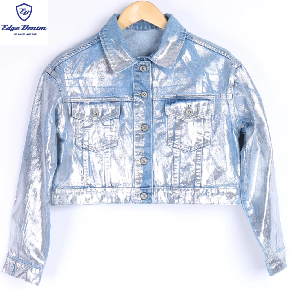 OEM Services New Stylish Shine Silver Foil Button Down Blue Short Denim Jacket For Women