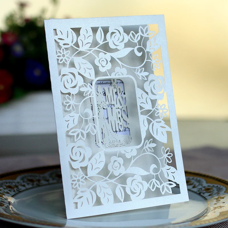 Laser Cut Wedding Invitation Cards Kit with White Hollow Flora Luxurious Love Europe Wedding Card Paper Crafts Engraving Weeding