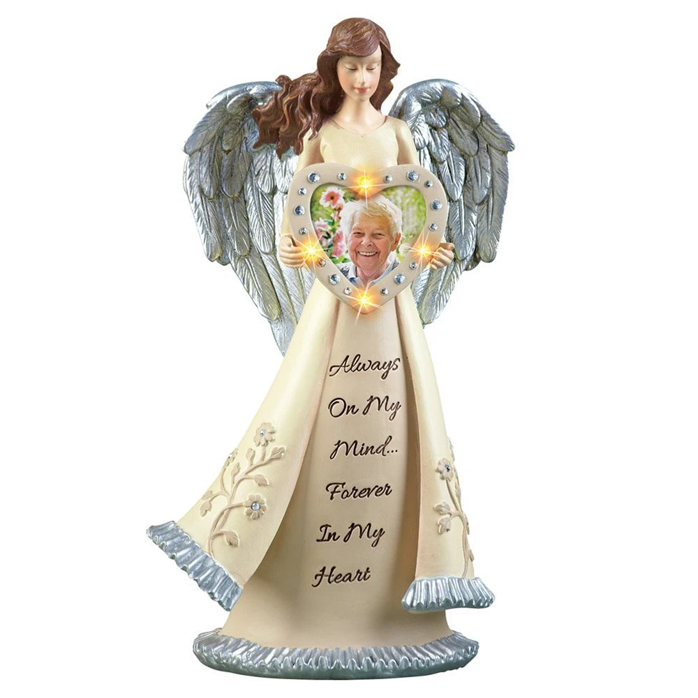 Wholesale Lighted Memorial Resin Angel Figurine with Heart-shaped Pictures frame