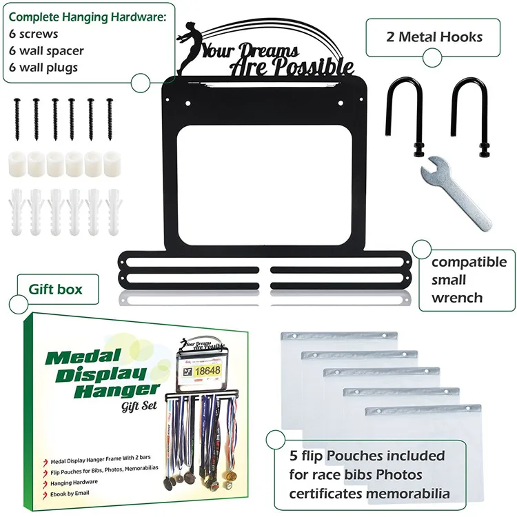 Factory Custom Medal Display Hanger Marathon Medal Holder With Bib Pouches