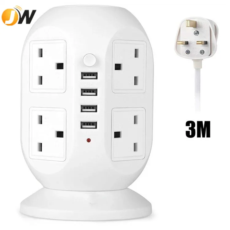 3M/9.8ft Extension Lead,4 USB Ports 8 Way Outlets Tower Power Strip Vertical Socket with Surge Protector Overload Protection