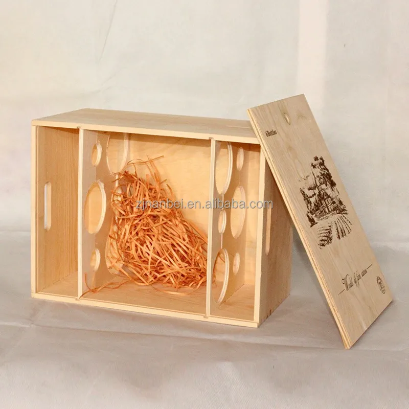 2024 New Designed Unfinished Wooden Wine Box with Lid for 6 Bottles Accept OEM