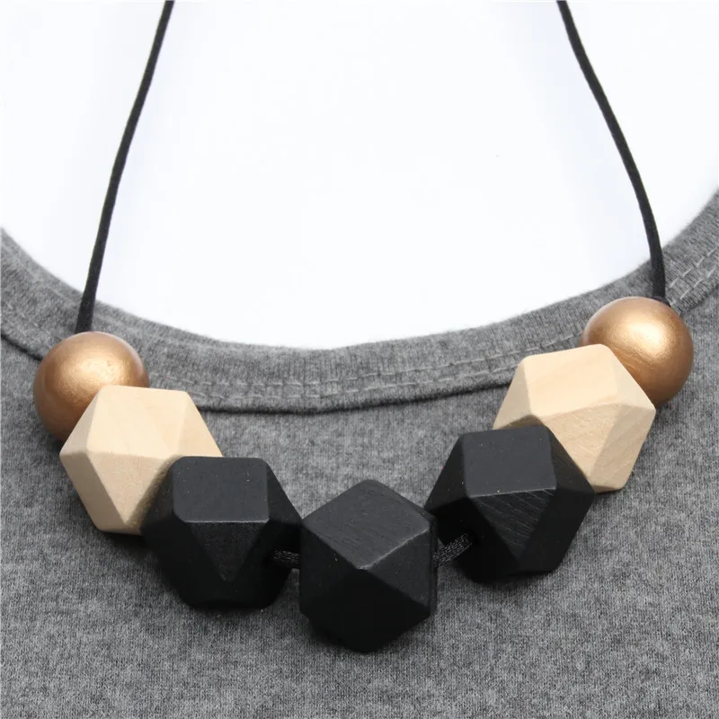 Геометрическое деревянное круглое горчичное темно-синее Персиковое ожерелье с гранеными деревянными бусинами ожерелье ручной росписи массивное ожерелье