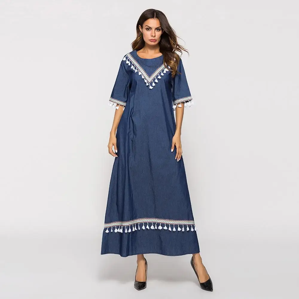 Good quality  Jean With Tassel Dress Abaya Muslim Dress For Women