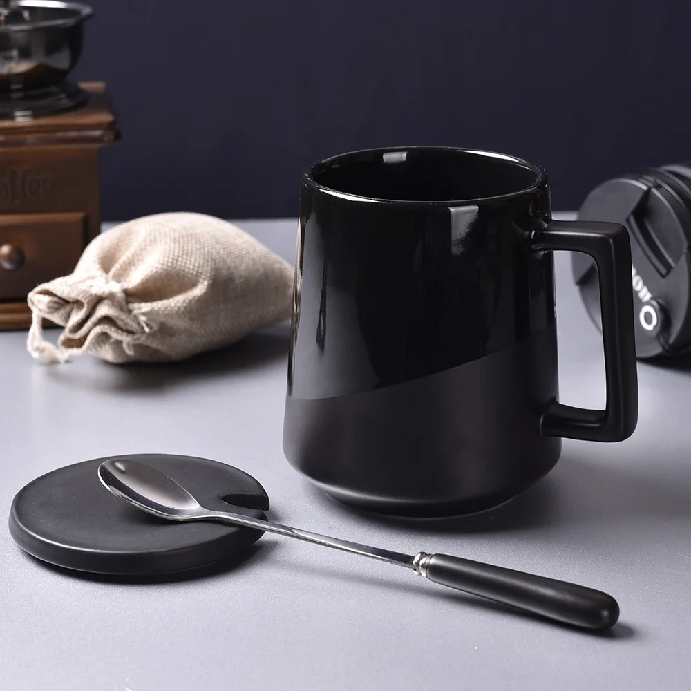 
Office Large Capacity Black Ceramic Cup with Lid Spoon Cups and Mugs 