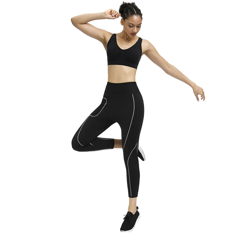 Custom Logo Women High Waist Yoga Neoprene Pants Leggings Fitness Waist Trimmer Control Swear Slimming Pants With Pocket