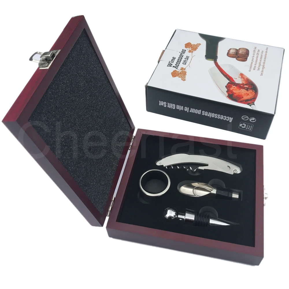 Лидер продаж, Металлический Штопор для винных бутылок из нержавеющей стали, набор инструментов для бара, деревянная коробка, 4 шт. аксессуаров, подарочный набор для вина