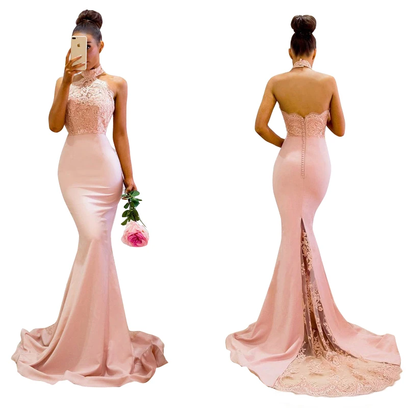 Women Sheer Halter Neck Sleeveless Evening Prom Dress 2019 Mermaid Satin Evening Dress