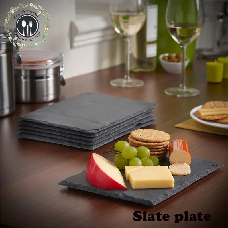 large rectangle square black natural slate table servingplace mats placemats tray steak dinner plate