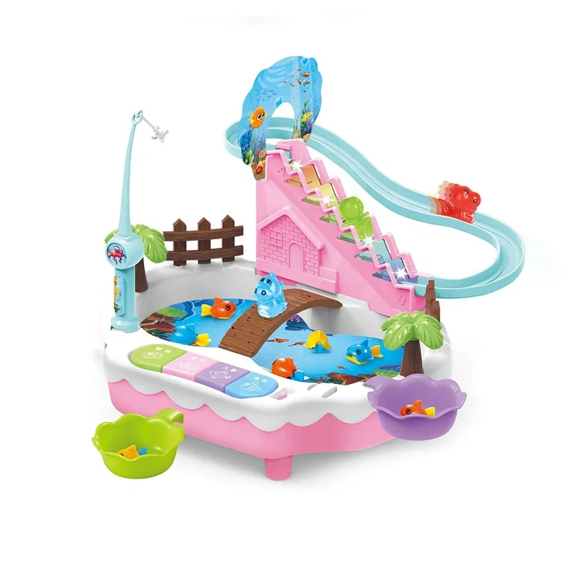 3 in 1 electric fishing game+electric slider+learning demo with music and light fishing toys for kids
