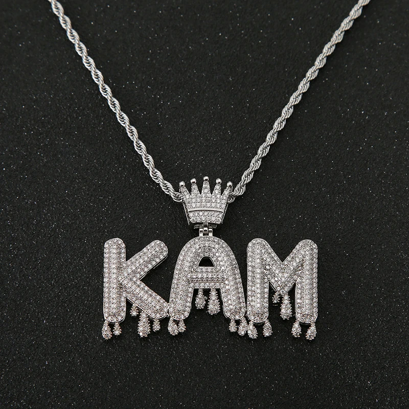 KAM Crown Bail Drip Bubble Initial Letters Pendant For Men Women Gold Color Cubic Zircon necklace