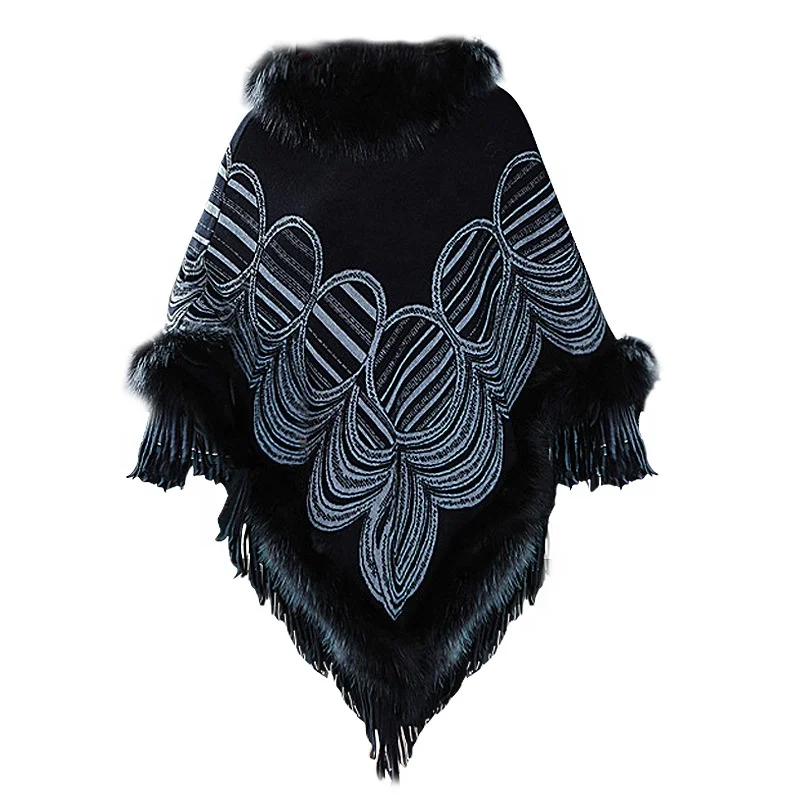 
New design faux fox fur collar faux cashmere head cloak ladies knitted fur shawl 