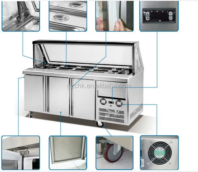 2 door pizza refrigerator with GN pan above and glass cover /Pizza cold working table