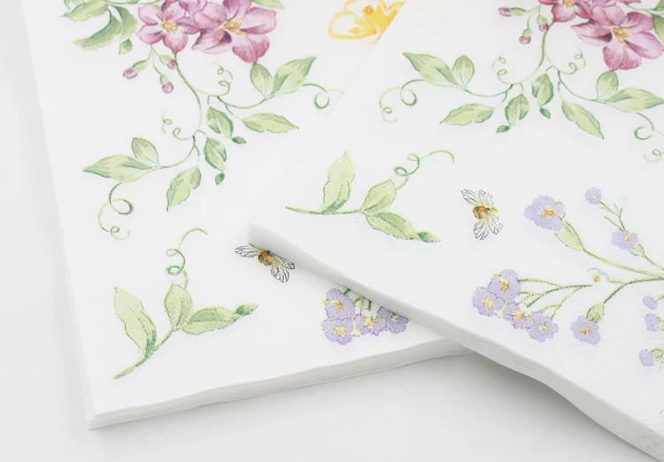 Floral Paper Napkin With Bee Flower Para Festas & Party Tissue Napkin Supply Decoration 33cm*33cm