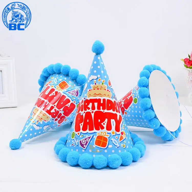 
2018 Wholesale party supplies kids birthday paper cone hat with pom poms 