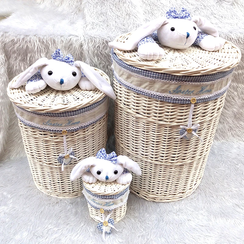 Cheap Large Round White Wicker Storage Basket Laundry Basket With Lid With Fabric