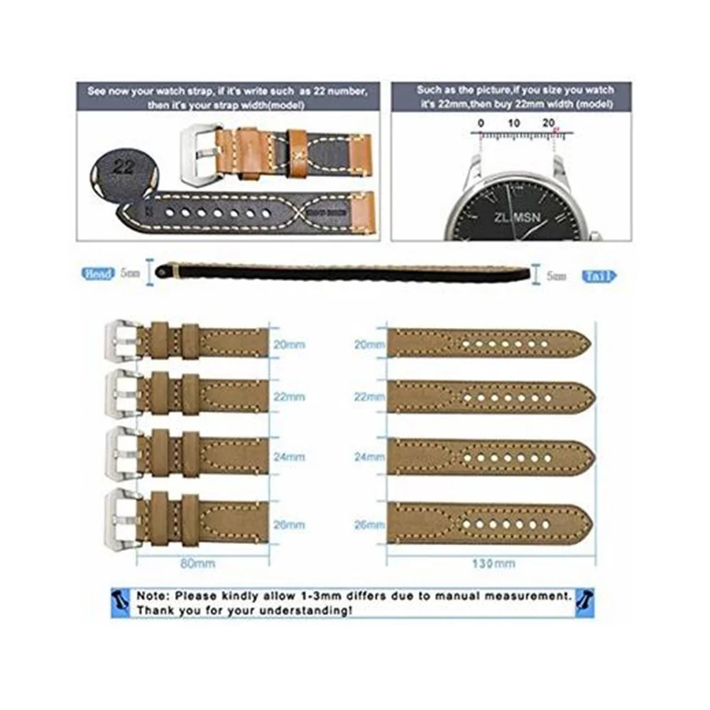  Ремешок для часов ручной работы из натуральной кожи растительного дубления 18 мм 20 22