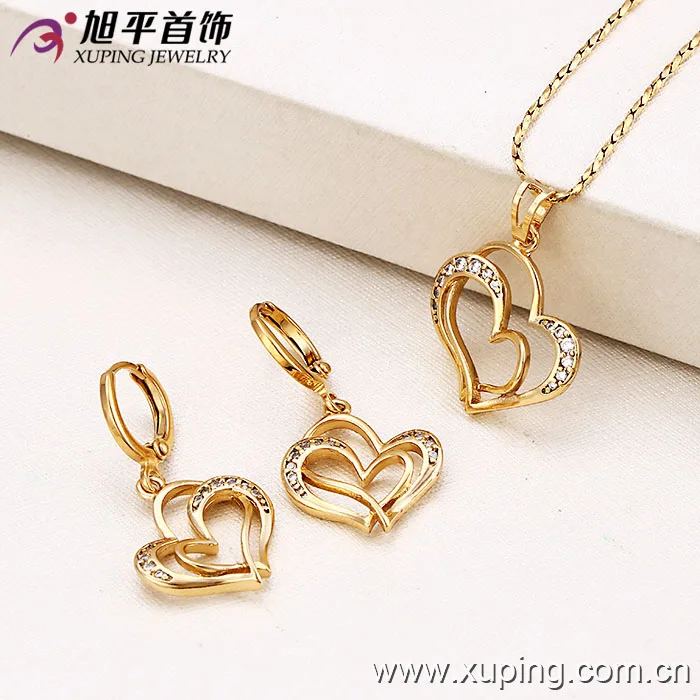 62814- Xuping Women Trendy Double Heart Charms Jewellery Set Finding
