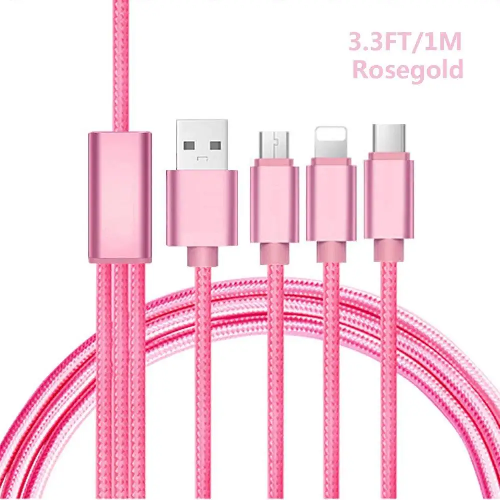 OEM Service 2 meter 5V 2A Android usb cable Nylon braided 3 in 1 USB Mobile Phone Charging Cable
