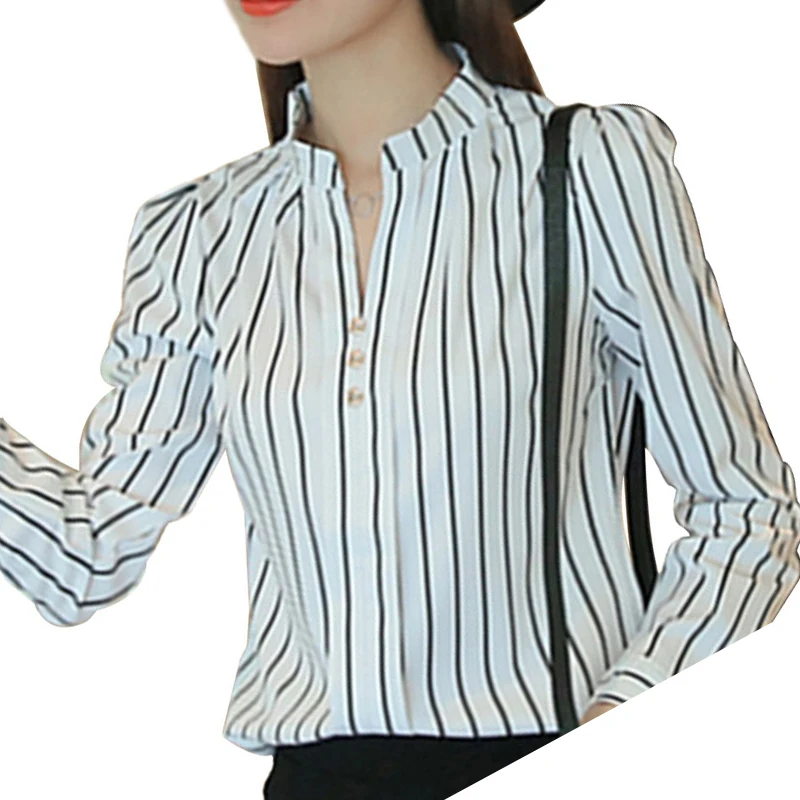 Новый дизайн популярные качества черно-белый полосатый женские китайский воротник рубашки