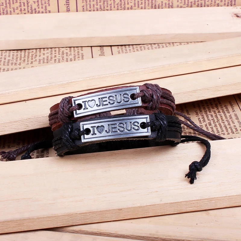 Christian Faith I Love Jesus Engraved Leather Braided Bracelets for women men promotional gift religion bracelet