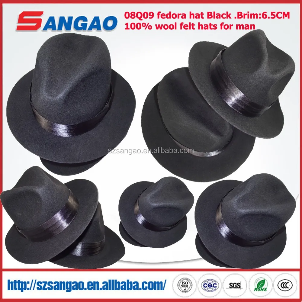 Black wool dress hat with satin fabric and leather sweatband