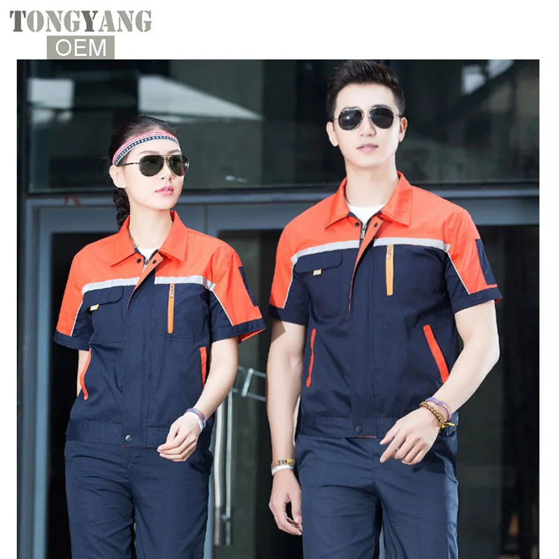 Тонкие Светоотражающие комплекты одежды TONGYANG для работы, унисекс, рабочая одежда, костюмы, куртка с коротким рукавом + брюки, рабочая фабричная форма