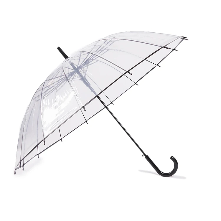 Wholesale Promotional Custom Metal Shaft J Handle 23Inch 16K Automatic Open Pvc Clear Transparent Umbrella