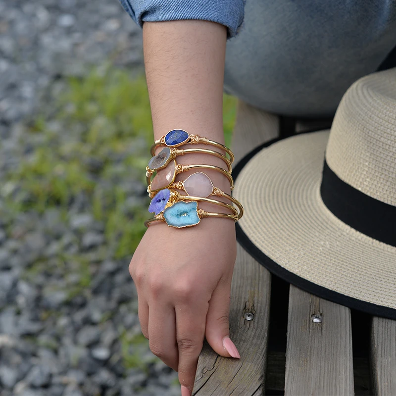 Bojiu Druzy Amethyst Natural Stone Gold Wrapped Bangle Bracelet