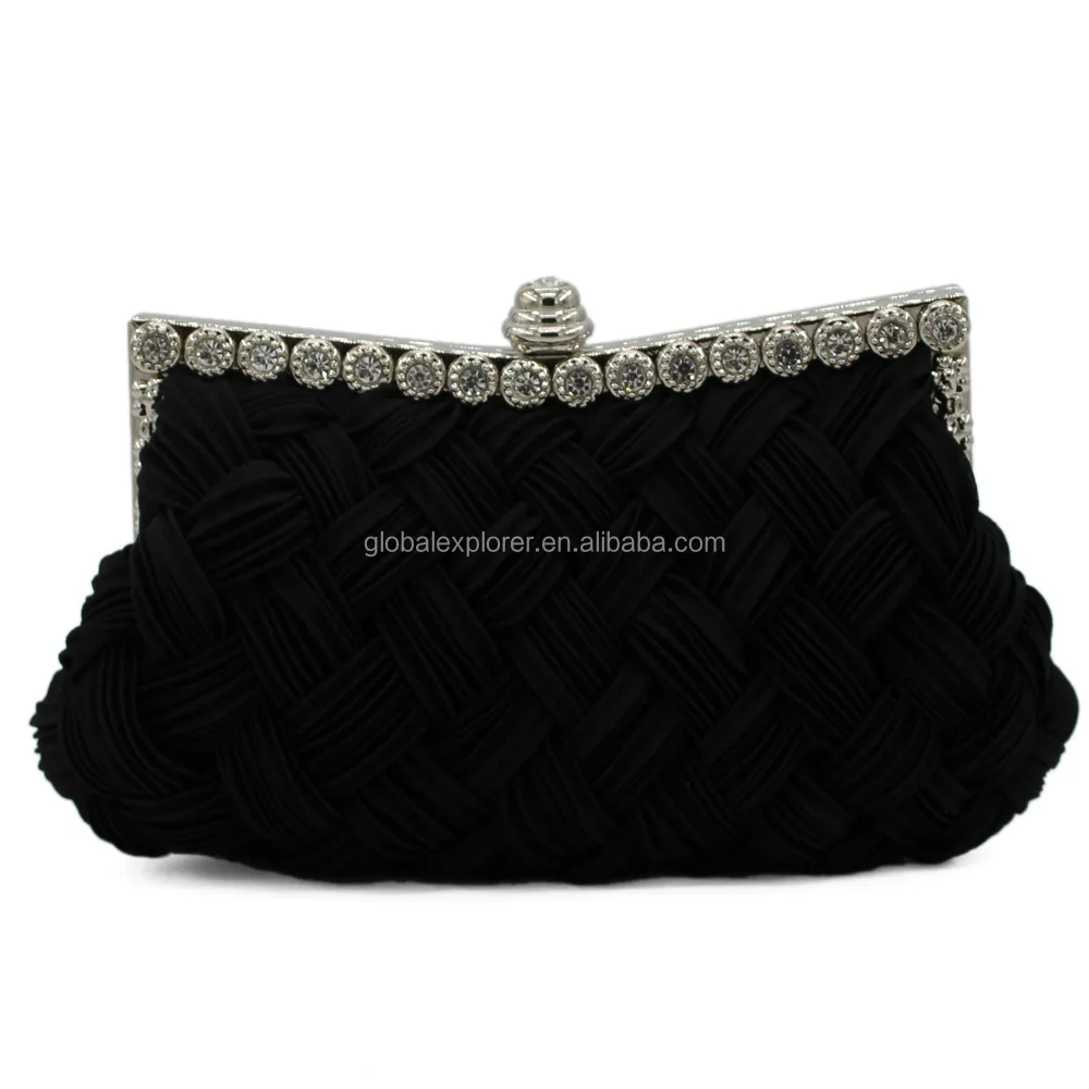 
classic satin pleated women evening clutch bag with metal frame 