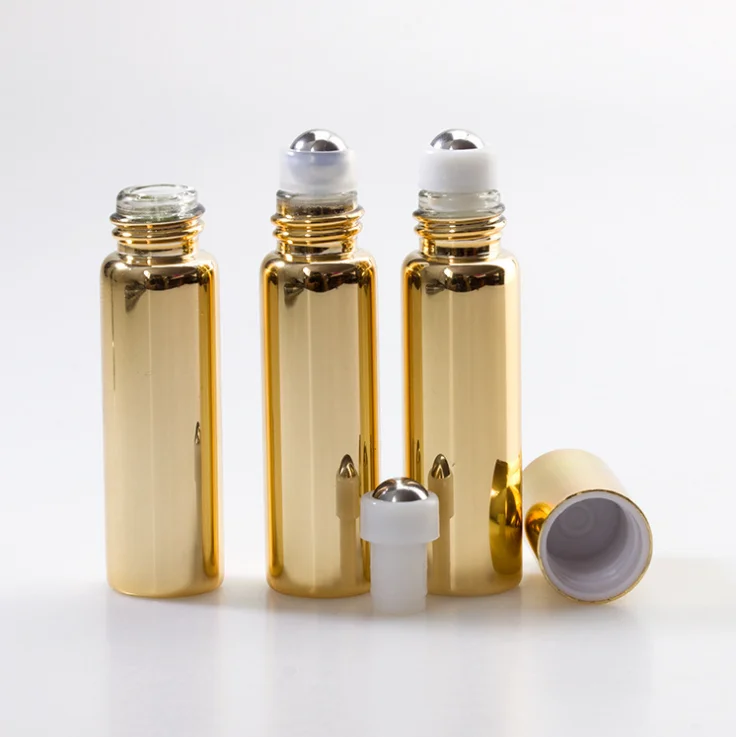 UV coating gold silver Metal Roll-on Roller Ball Bottle 10mL Perfume fragrance Oil roll on bottle with screw cap