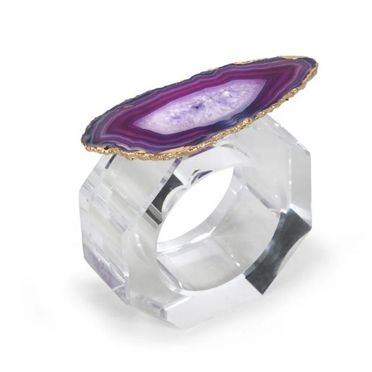 Hot Sale Fashionable Luxury Restaurant Wedding Table Plastic Napkin Holder Acrylic Geode Slice Crystal Agate Stone Napkin Ring