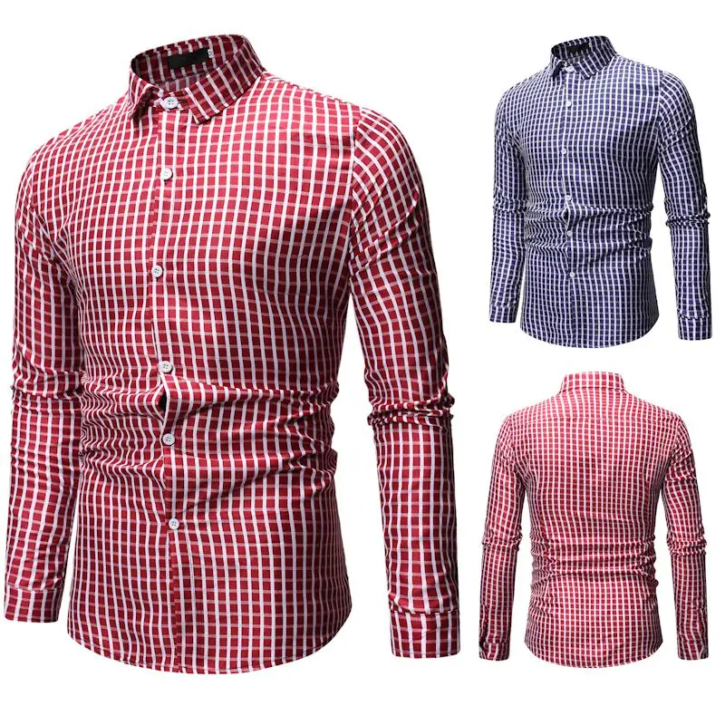 2019 NEW casual spring  plaid long sleeve slim fit men shirt streetwear social dress shirts mens fashions jersey