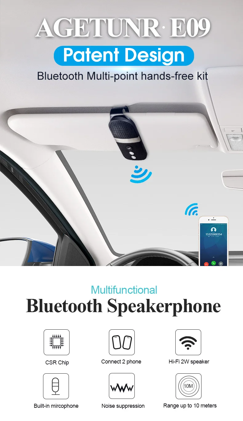 Автомобильный комплект AGETUNR E09 Bluetooth V4.1 Бортовая плата с козырьком динамик Bluetooth-адаптер 2 bluetooth-устройствами для
