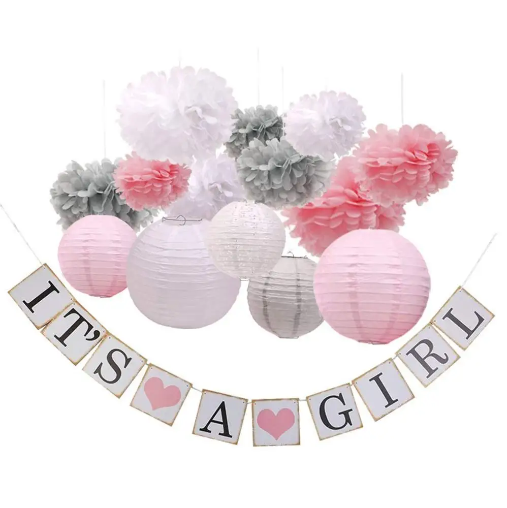 Украшения для будущей малыши для маленьких девочек баннеры и бумажные фонарики с цветочным помпоном розовые белые серые