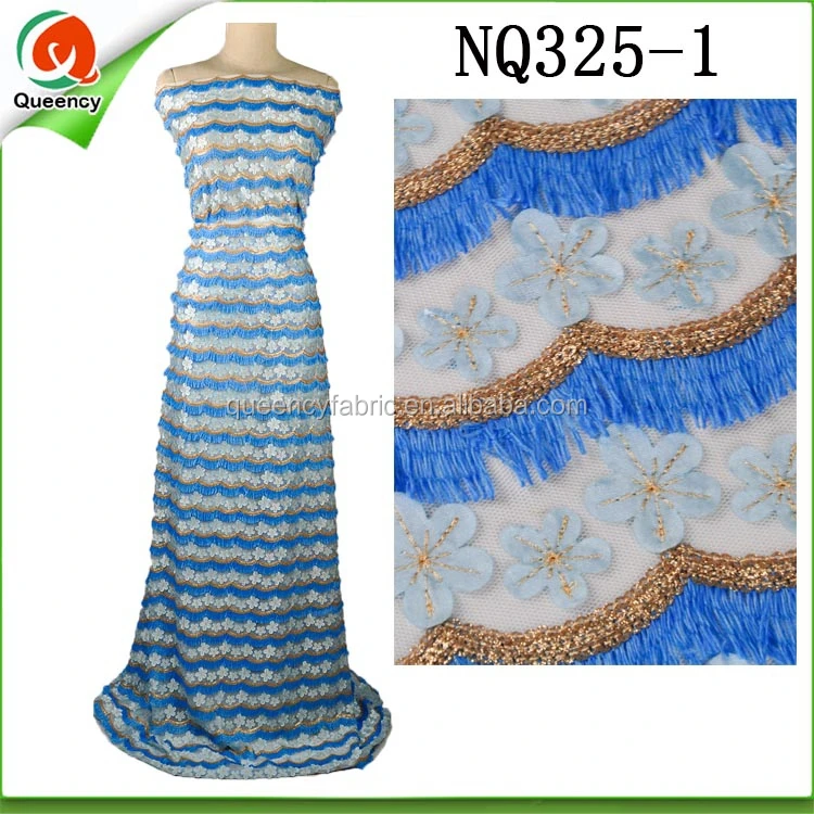 NQ325 Queency High Quality Wholesale Handcut Bridal 3D Flower French Tulle Lace Fabric with Tassel