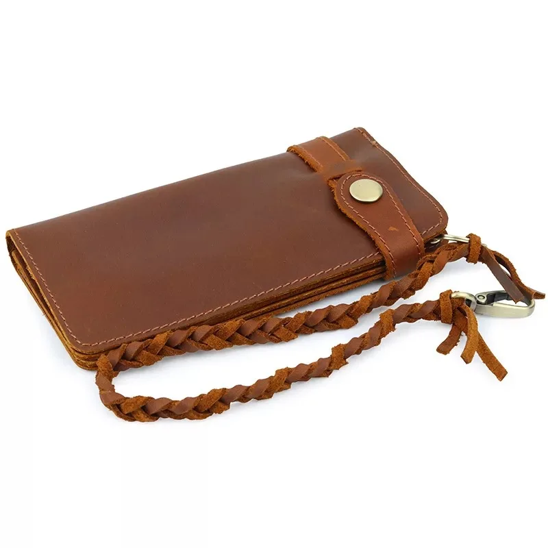 Crazy horse leather hunter men biker wallet with chain