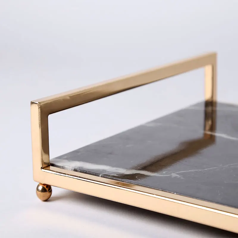 Chinoiseri marble tray gold handles tea food fruit wine glass serving tray