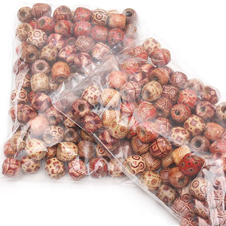 DIY Jewelry Accessories Fashion Printed Flower Large Hole Wood Beads Handmade Wooden Beads