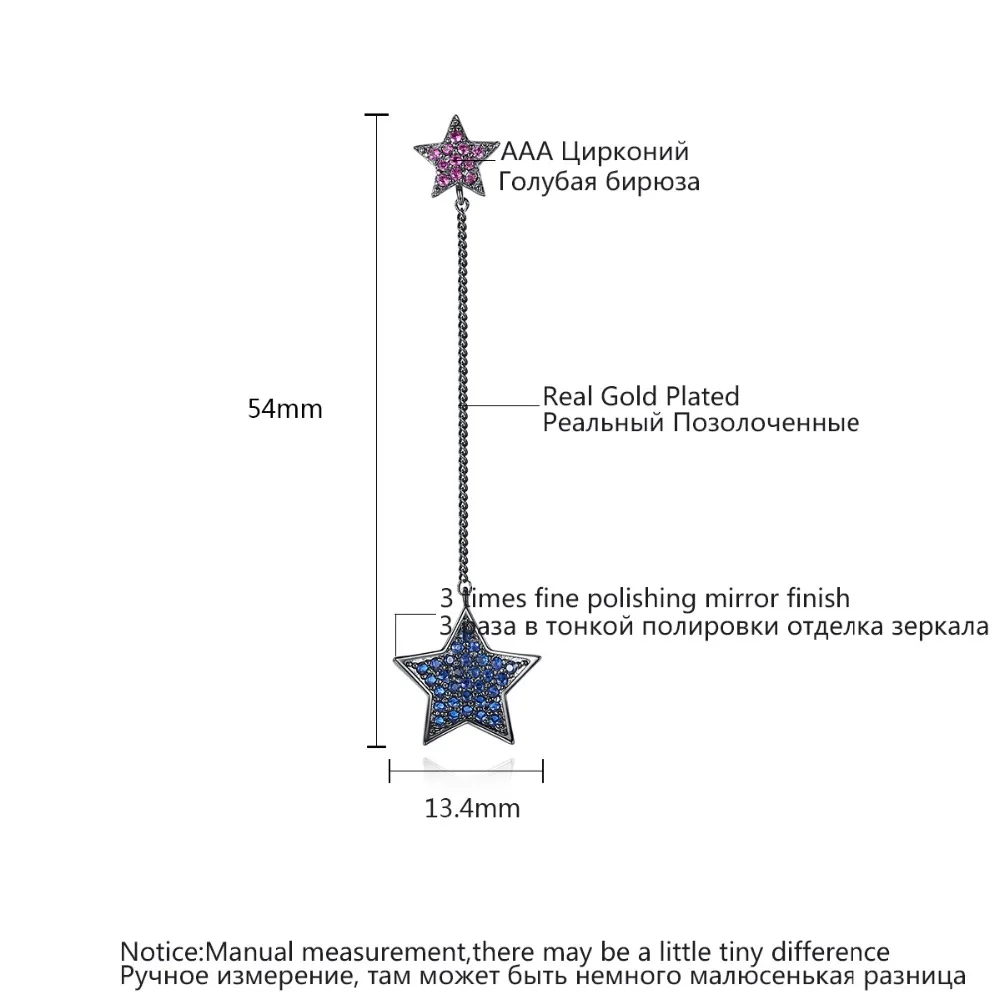 LUOTEEMI Black Rhodium Dark Blue Cubic Zirconia Double Stars Statement Bar Drop Earrings Stylish Jewelry For Women Gift Idea