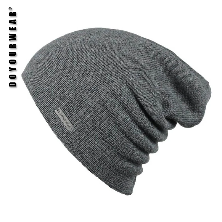 Metal logo merino wool slouch knitted beanie hat