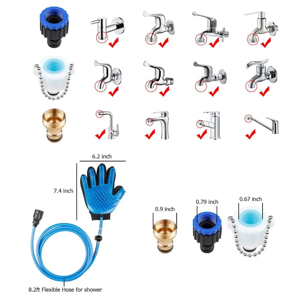 Portable 2 in 1 dog shower brush ,  pet dog shower with 4 Faucet Adapters